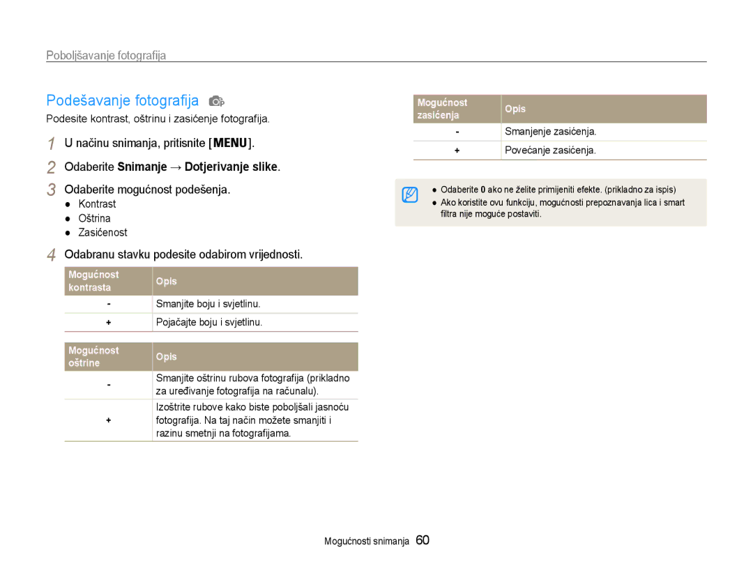 Samsung EC-PL210ZBPBE3 manual Podešavanje fotografija, Odabranu stavku podesite odabirom vrijednosti, Smanjenje zasićenja 