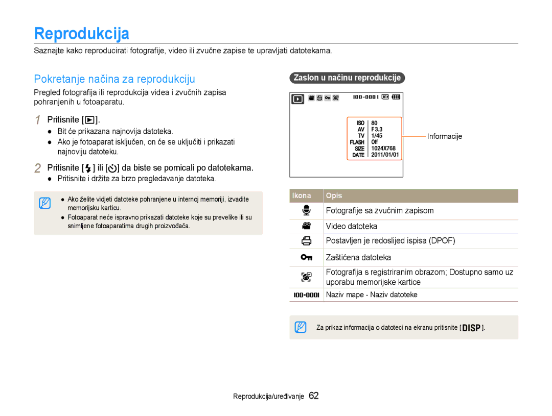 Samsung EC-PL210ZBPBE3 Reprodukcija, Pokretanje načina za reprodukciju, Pritisnite ili da biste se pomicali po datotekama 