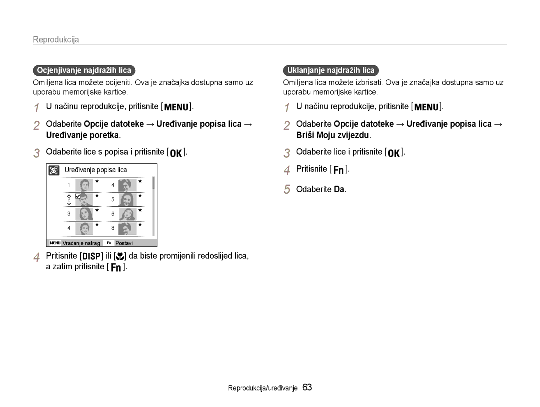 Samsung EC-PL210ZBPBE3 manual Reprodukcija, Uređivanje poretka, Briši Moju zvijezdu, Pritisnite Odaberite Da 