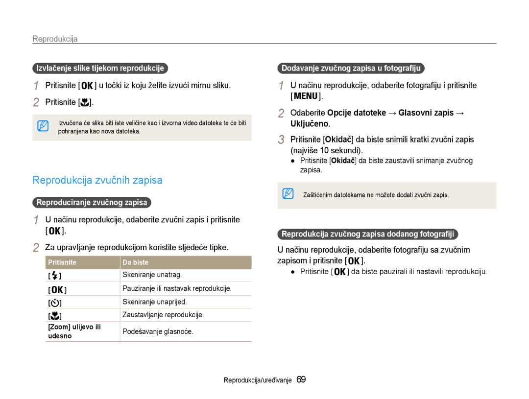 Samsung EC-PL210ZBPBE3 manual Reprodukcija zvučnih zapisa, Načinu reprodukcije, odaberite fotografiju i pritisnite 