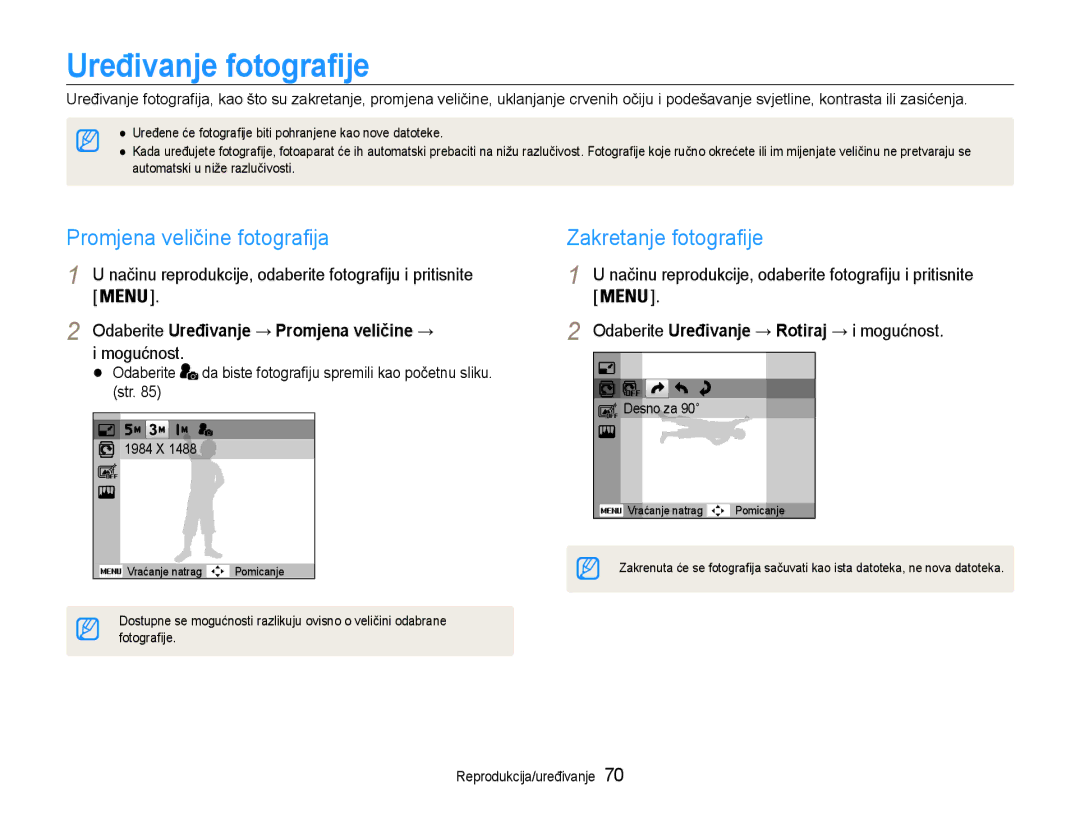 Samsung EC-PL210ZBPBE3 manual Uređivanje fotografije, Promjena veličine fotografija, Zakretanje fotografije 