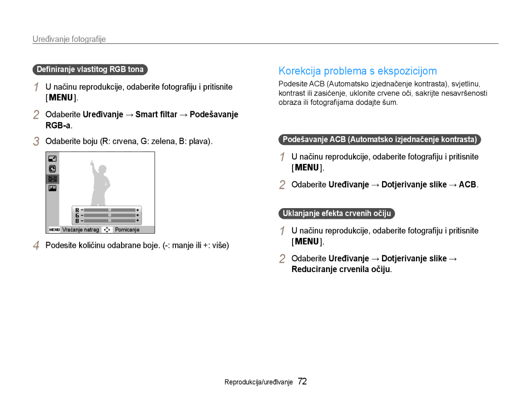 Samsung EC-PL210ZBPBE3 manual Korekcija problema s ekspozicijom, RGB-a, Odaberite boju R crvena, G zelena, B plava 