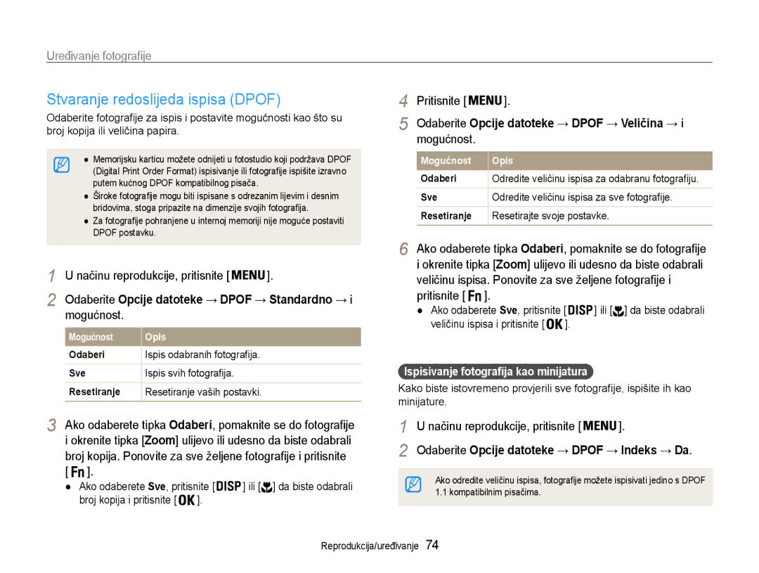 Samsung EC-PL210ZBPBE3 manual Stvaranje redoslijeda ispisa Dpof, Veličinu ispisa. Ponovite za sve željene fotografije 