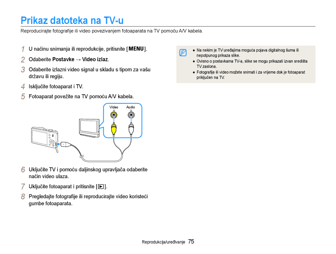 Samsung EC-PL210ZBPBE3 Prikaz datoteka na TV-u, Odaberite Postavke → Video izlaz, Način video ulaza, Gumbe fotoaparata 