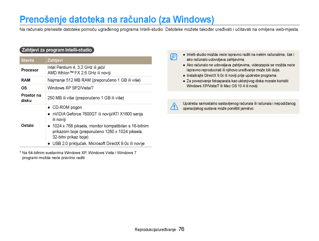 Samsung EC-PL210ZBPBE3 manual Prenošenje datoteka na računalo za Windows, Zahtjevi za program Intelli-studio 