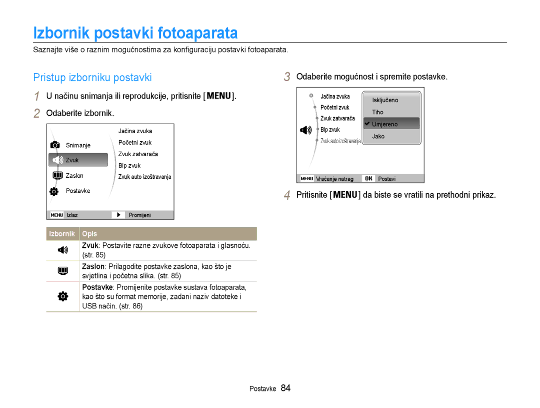 Samsung EC-PL210ZBPBE3 Izbornik postavki fotoaparata, Pristup izborniku postavki, Odaberite mogućnost i spremite postavke 