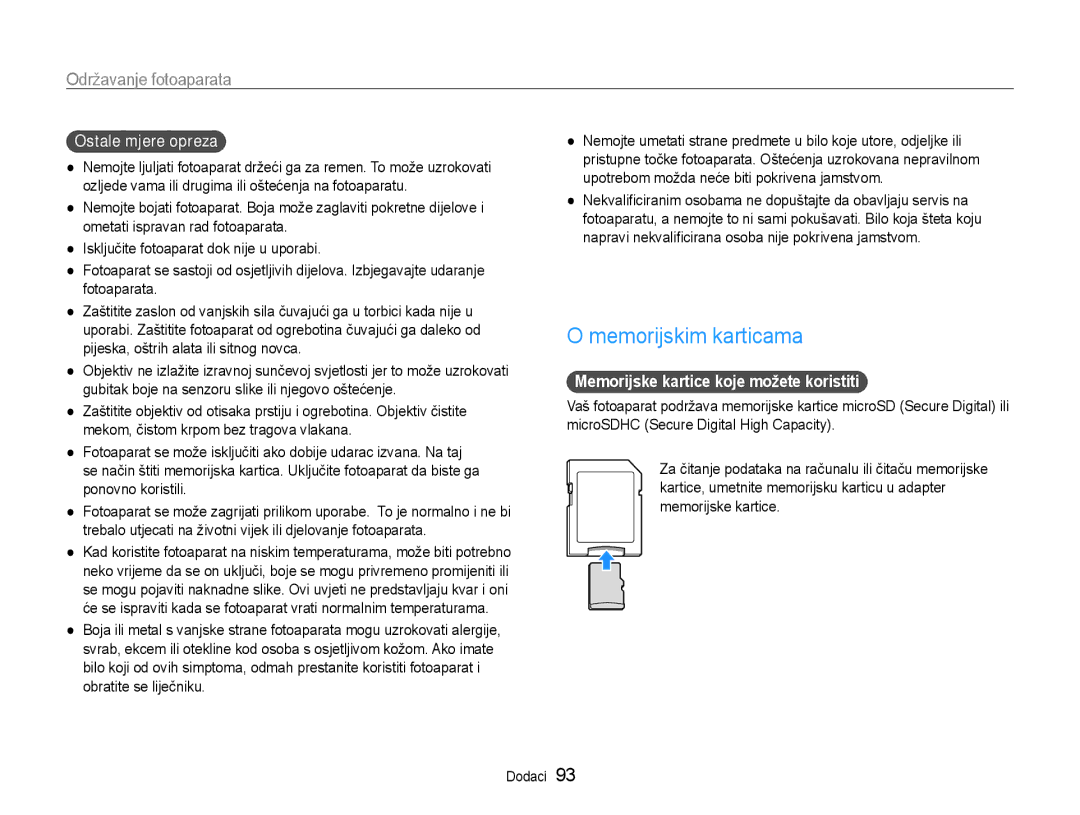 Samsung EC-PL210ZBPBE3 manual Memorijskim karticama, Ostale mjere opreza, Memorijske kartice koje možete koristiti 