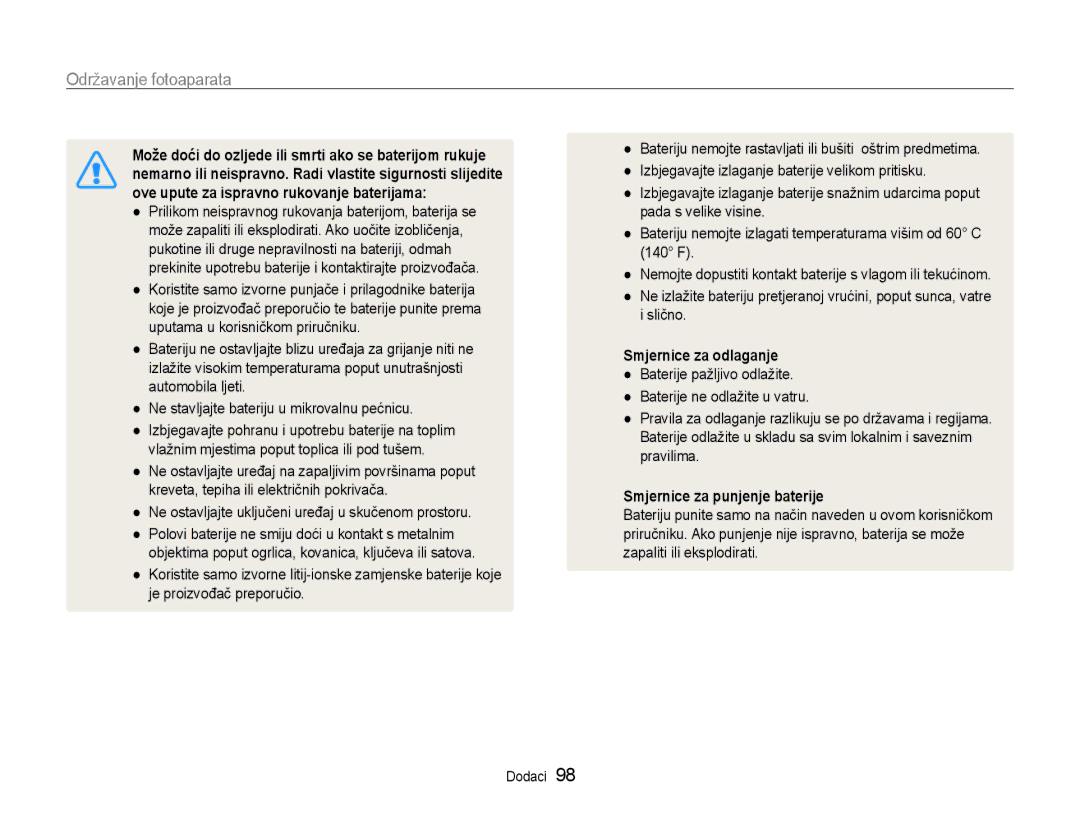 Samsung EC-PL210ZBPBE3 manual Ne ostavljajte uključeni uređaj u skučenom prostoru, Smjernice za punjenje baterije 