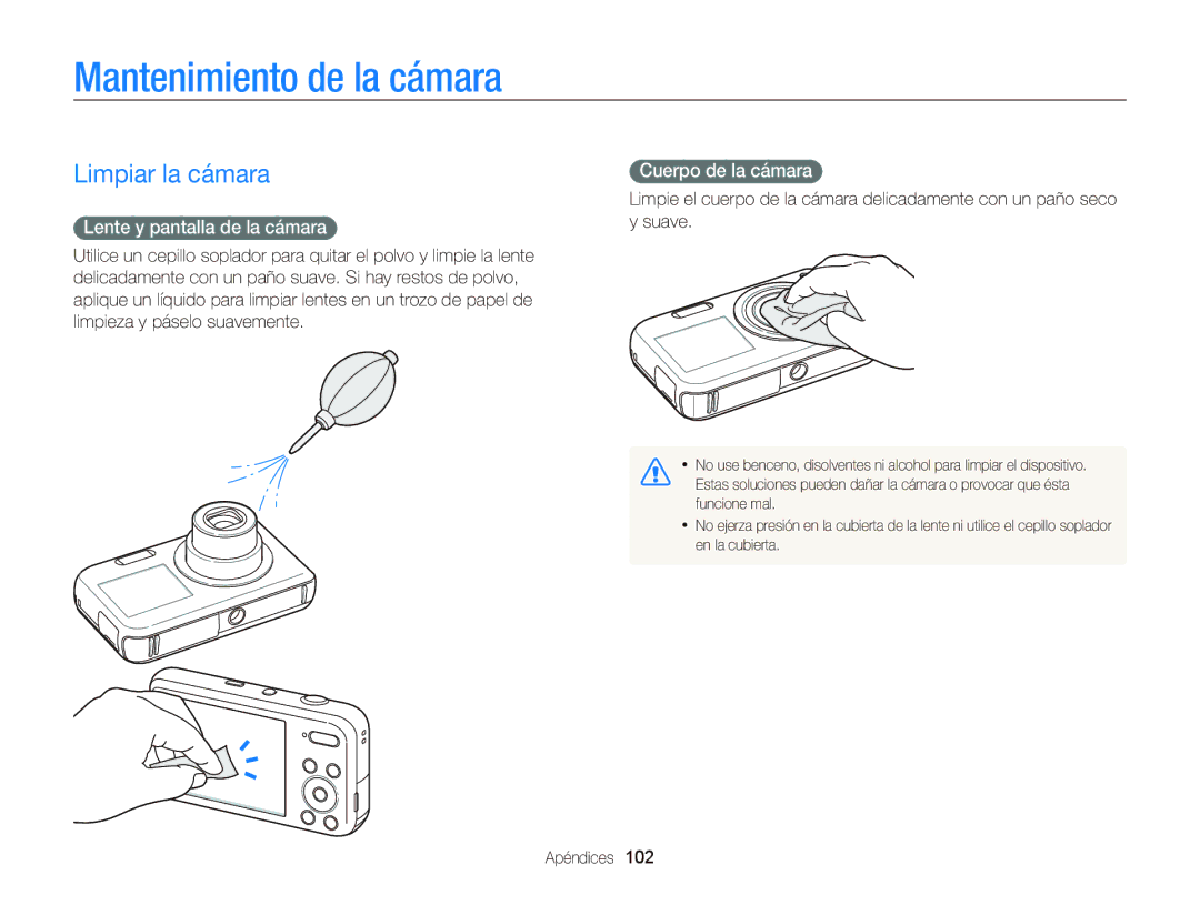 Samsung EC-PL20ZZBPSE1 Mantenimiento de la cámara, Limpiar la cámara, Lente y pantalla de la cámara, Cuerpo de la cámara 