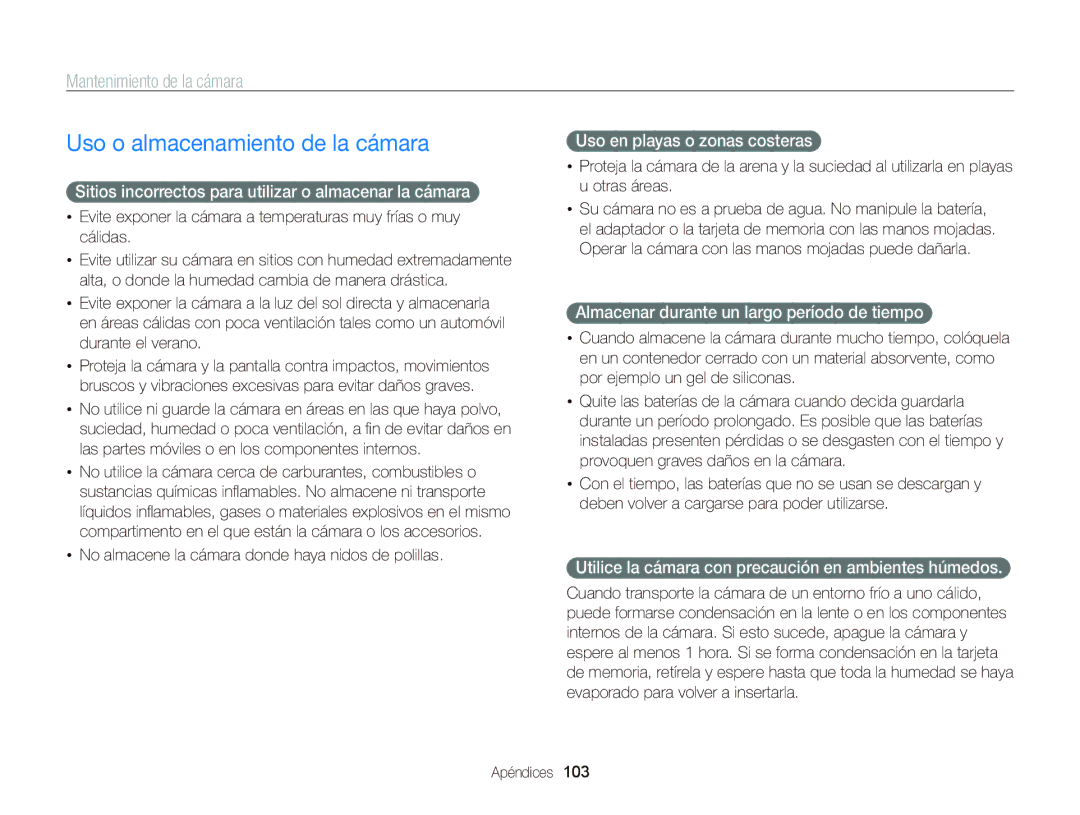 Samsung EC-PL210ZBPSE1, EC-PL210ZBPPE1, EC-PL120ZBPBE1 manual Uso o almacenamiento de la cámara, Mantenimiento de la cámara 