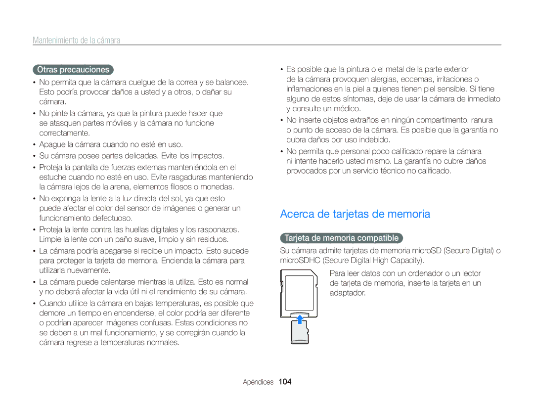 Samsung EC-PL210ZBPPE1, EC-PL120ZBPBE1 Acerca de tarjetas de memoria, Otras precauciones, Tarjeta de memoria compatible 