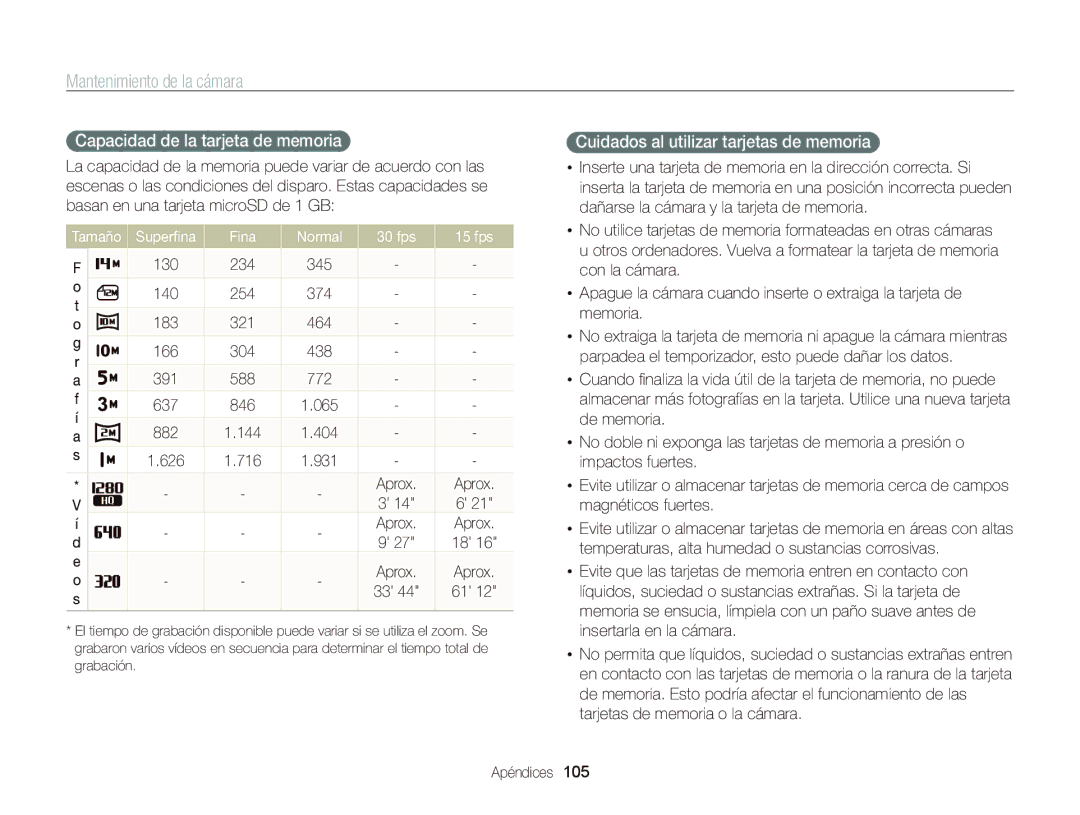 Samsung EC-PL120ZBPBE1, EC-PL210ZBPPE1 manual Capacidad de la tarjeta de memoria, Cuidados al utilizar tarjetas de memoria 