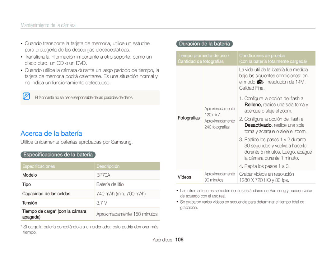 Samsung EC-PL20ZZBPRE1, EC-PL210ZBPPE1 manual Acerca de la batería, Especiﬁcaciones de la batería, Duración de la batería 