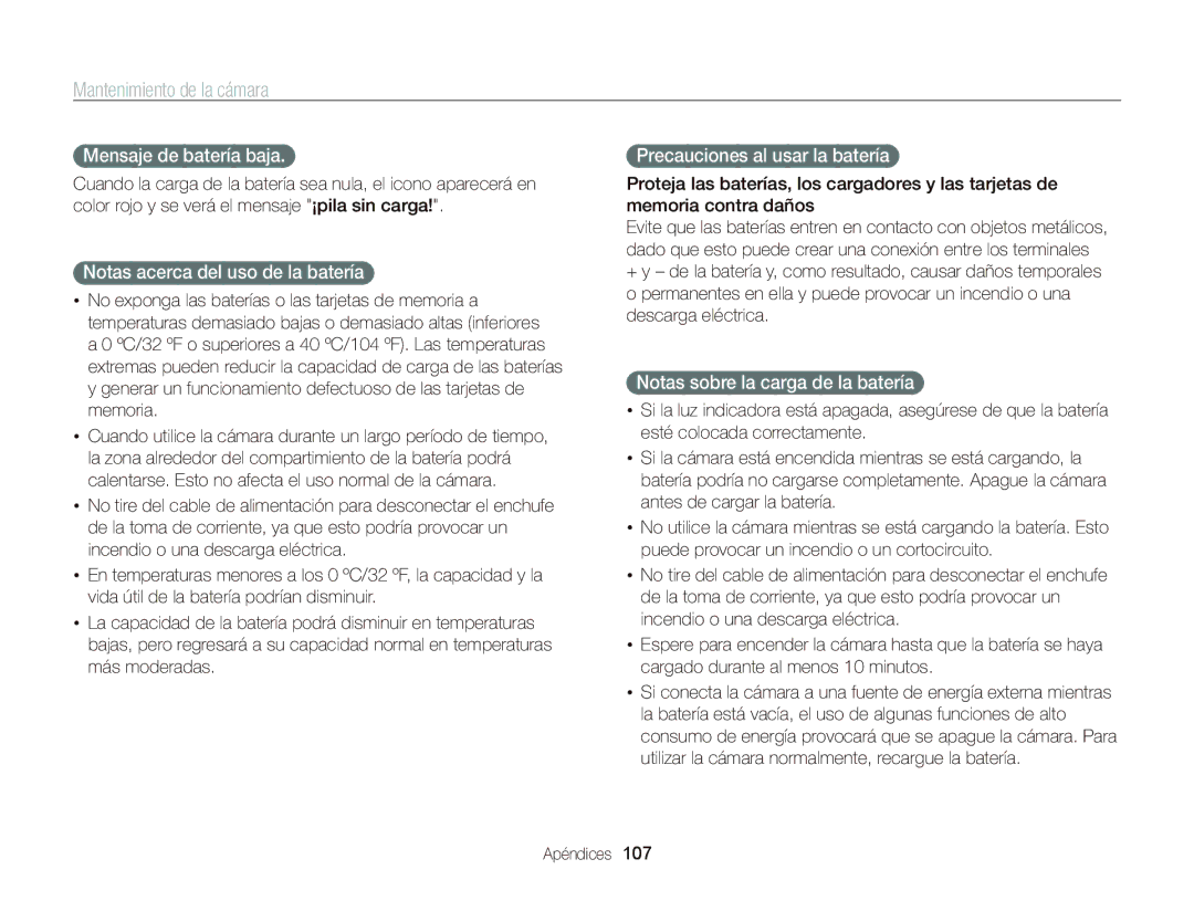 Samsung EC-PL120ZFPPE1 manual Mensaje de batería baja, Notas acerca del uso de la batería, Precauciones al usar la batería 