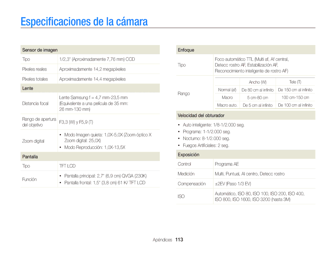 Samsung EC-PL20ZZBPBE1, EC-PL210ZBPPE1, EC-PL120ZBPBE1, EC-PL20ZZBPRE1, EC-PL120ZFPPE1 manual Especiﬁcaciones de la cámara 