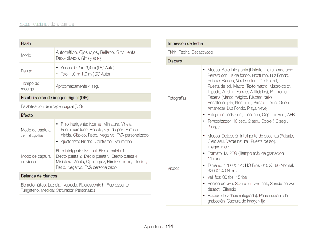 Samsung EC-PL120ZFPSE1, EC-PL210ZBPPE1, EC-PL120ZBPBE1, EC-PL20ZZBPRE1, EC-PL120ZFPPE1 manual Especiﬁcaciones de la cámara 