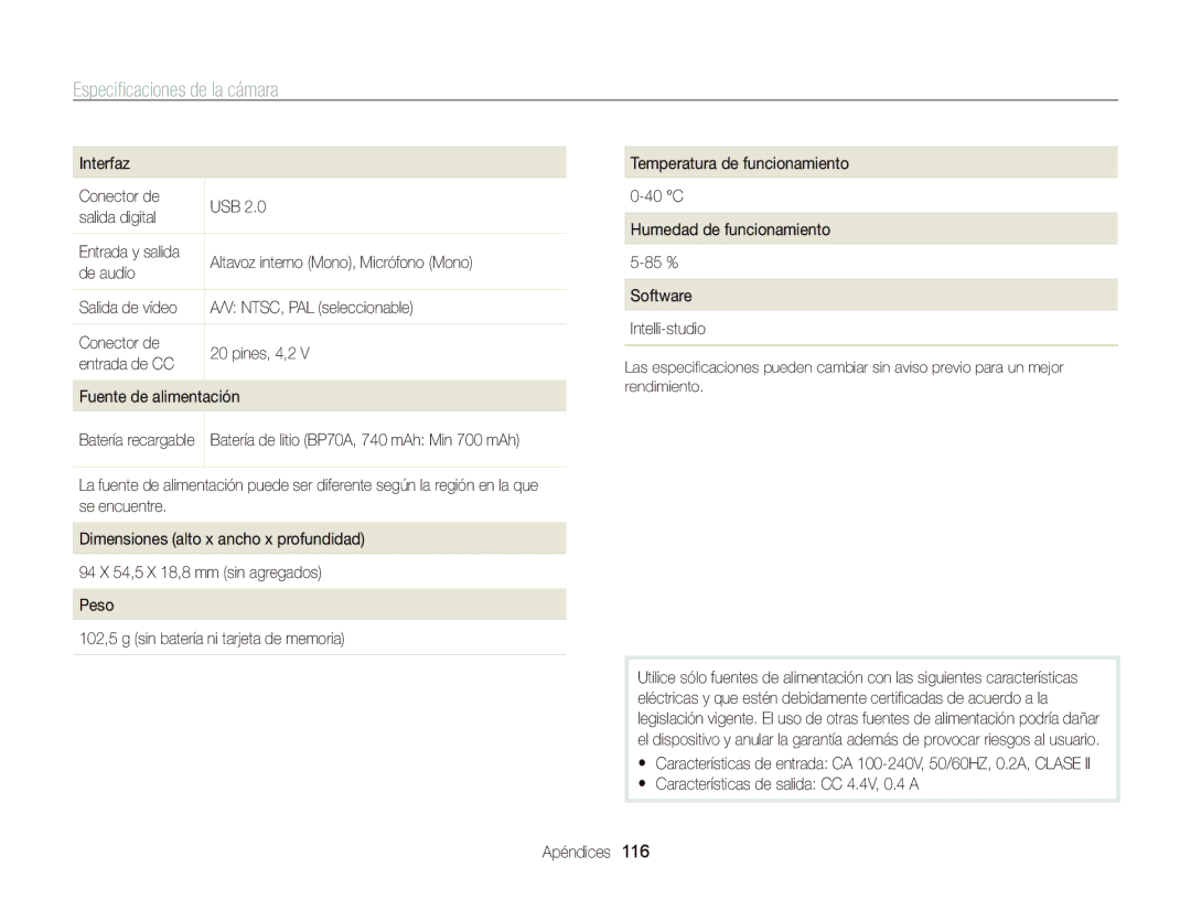 Samsung EC-PL20ZZBPPE1, EC-PL210ZBPPE1, EC-PL120ZBPBE1, EC-PL20ZZBPRE1, EC-PL120ZFPPE1 manual Especiﬁcaciones de la cámara 