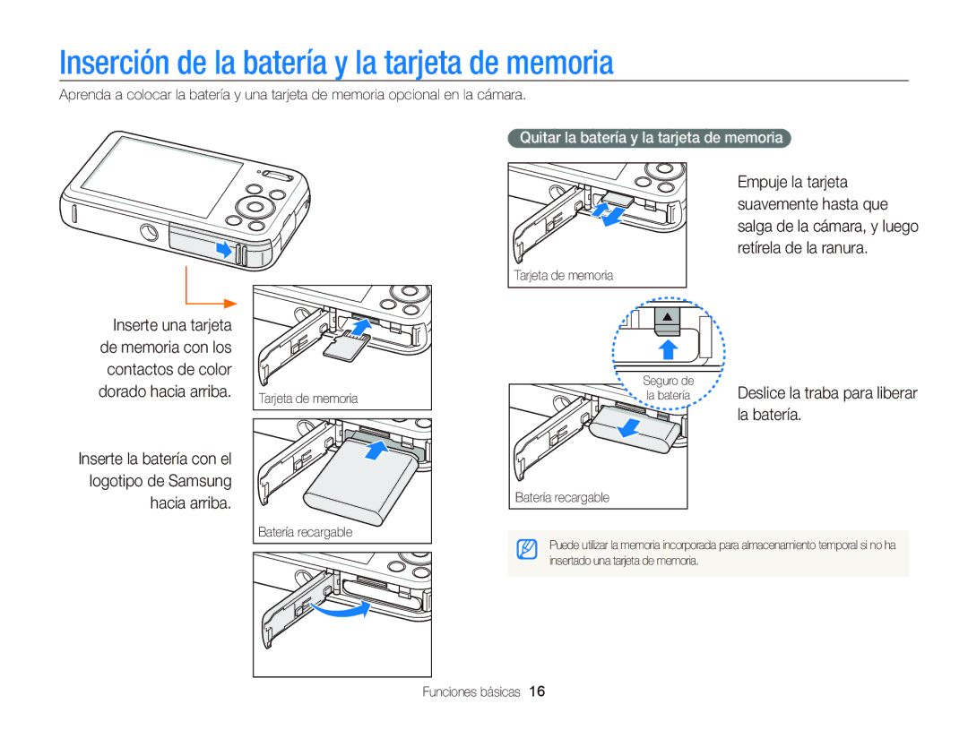 Samsung EC-PL20ZZBPRE1 manual Inserción de la batería y la tarjeta de memoria, La batería, Deslice la traba para liberar 