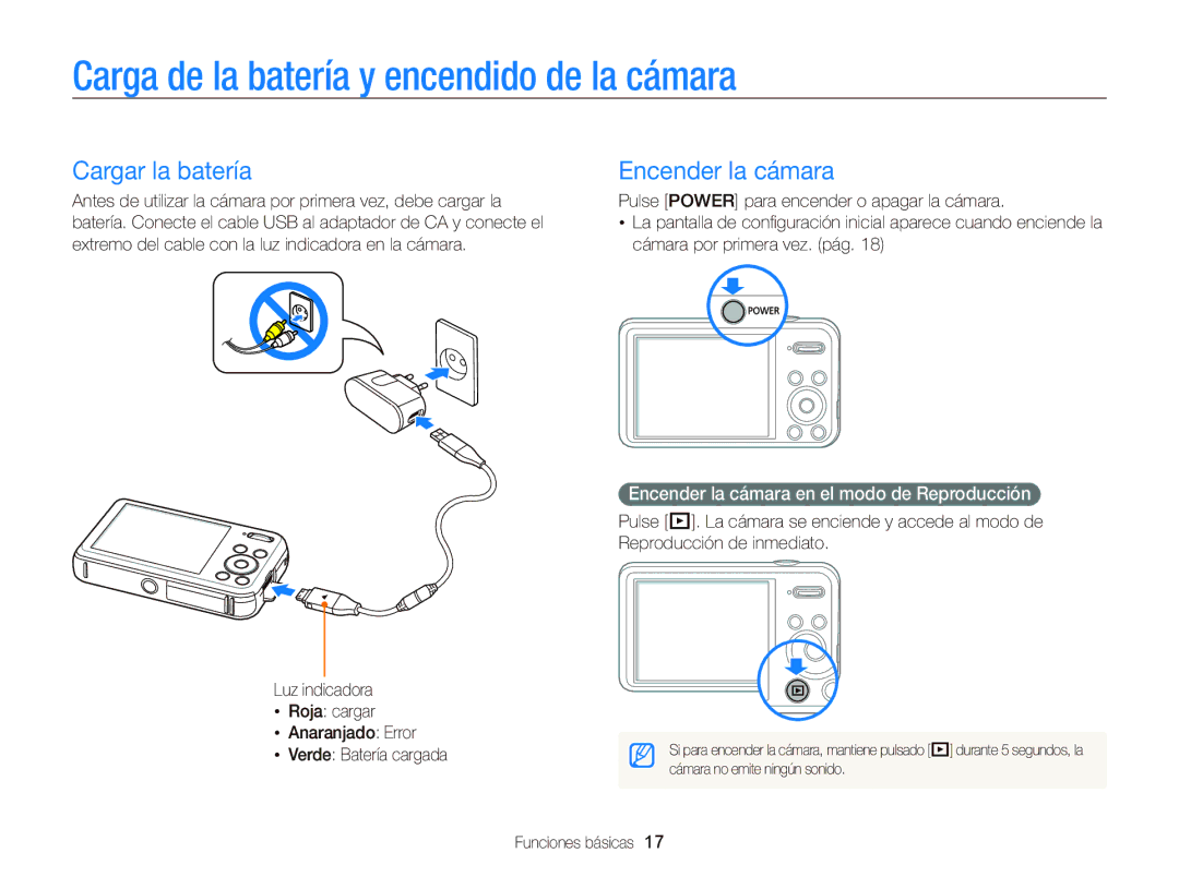 Samsung EC-PL120ZFPPE1, EC-PL210ZBPPE1 Carga de la batería y encendido de la cámara, Cargar la batería, Encender la cámara 