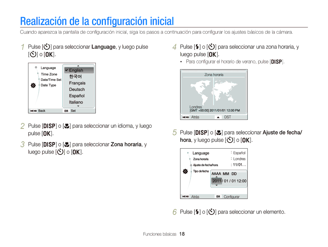 Samsung EC-PL120ZFPBE1, EC-PL210ZBPPE1 Realización de la conﬁguración inicial, Pulse F o t para seleccionar un elemento 