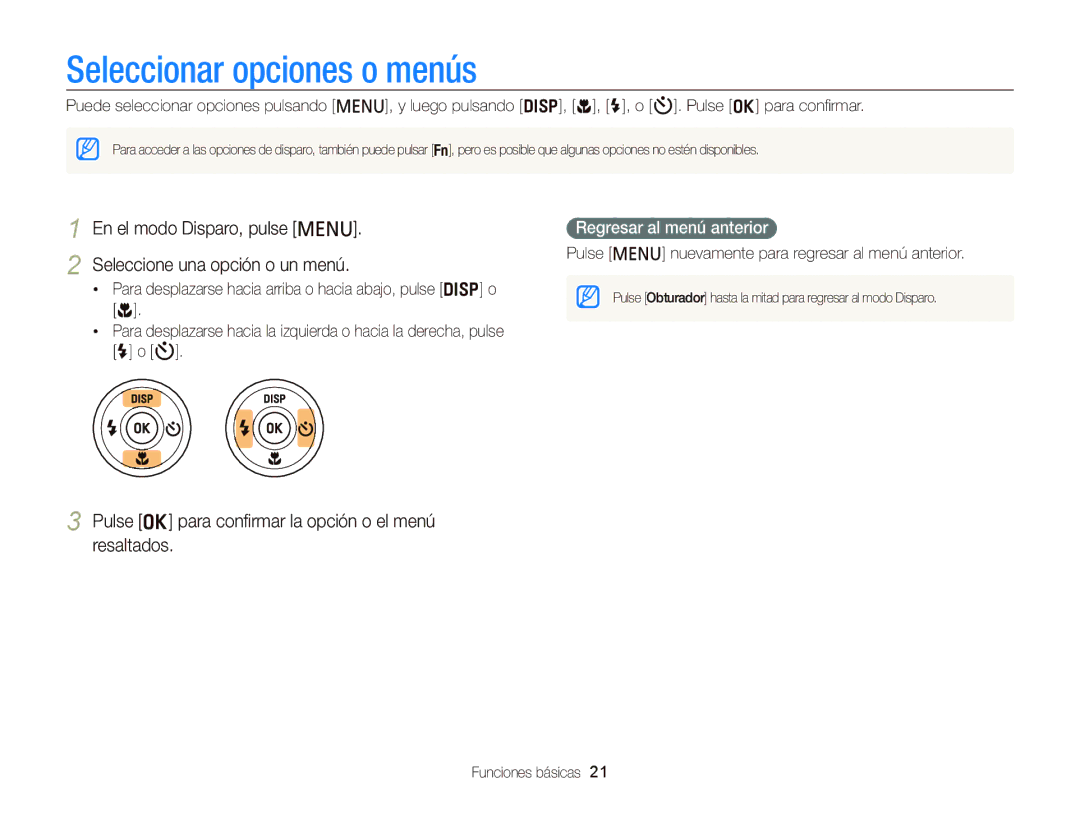 Samsung EC-PL120ZFPLE1 manual Seleccionar opciones o menús, En el modo Disparo, pulse m Seleccione una opción o un menú 