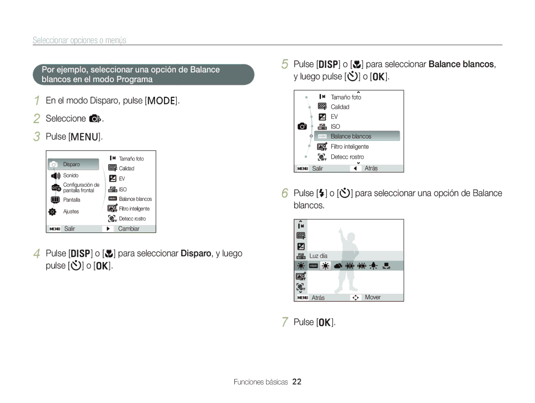 Samsung EC-PL120ZBPSE1 manual Seleccionar opciones o menús, En el modo Disparo, pulse M Seleccione p Pulse m, Pulse o 