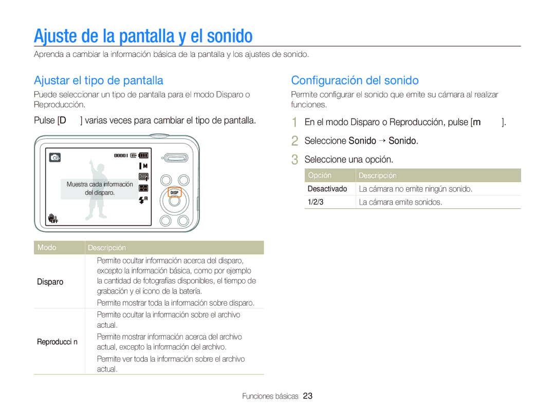 Samsung EC-PL20ZZBPBE1 manual Ajuste de la pantalla y el sonido, Ajustar el tipo de pantalla, Conﬁguración del sonido 