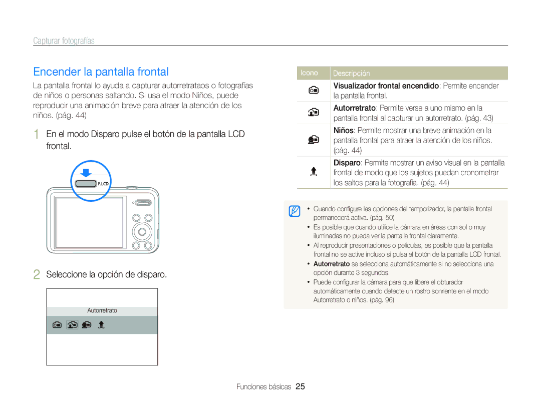 Samsung EC-PL120ZBPLE1, EC-PL210ZBPPE1 manual Encender la pantalla frontal, Capturar fotografías, La pantalla frontal 