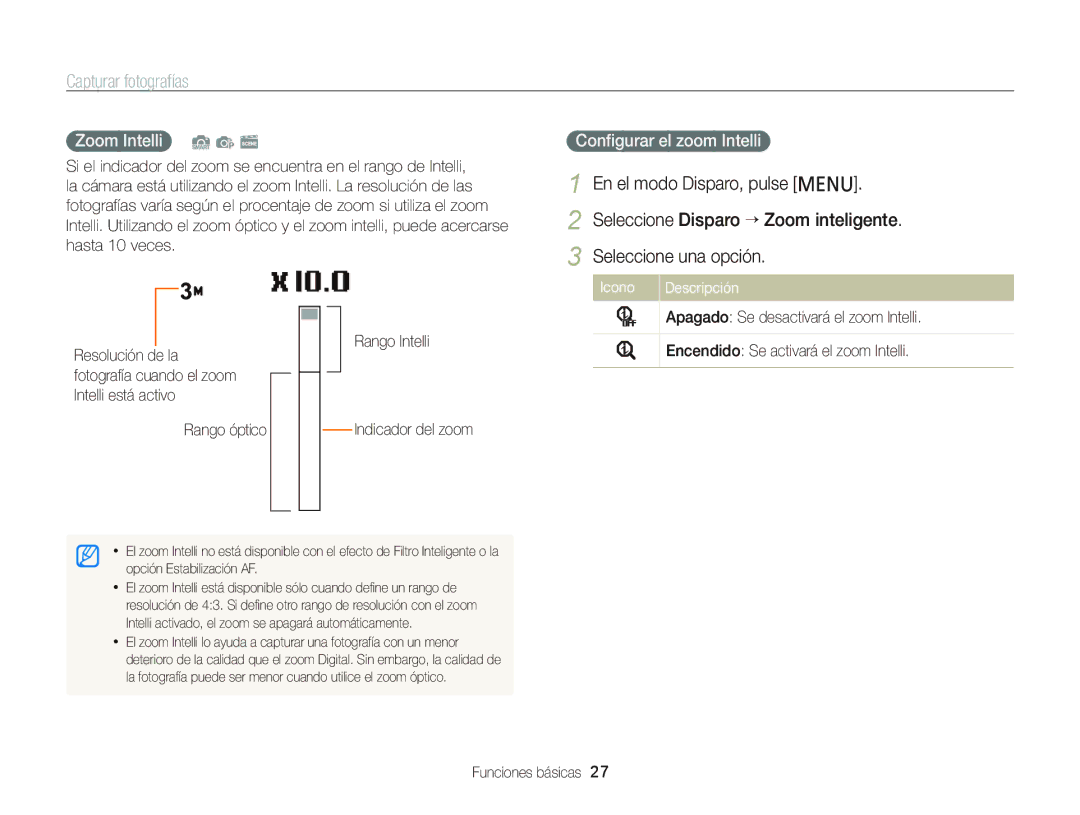 Samsung EC-PL20ZZBPSE1, EC-PL210ZBPPE1, EC-PL120ZBPBE1, EC-PL20ZZBPRE1 manual Zoom Intelli S p s, Conﬁgurar el zoom Intelli 