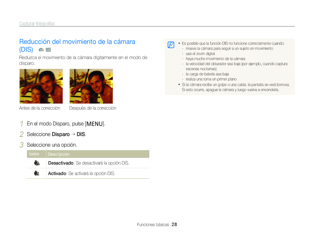 Samsung EC-PL210ZBPSE1, EC-PL210ZBPPE1, EC-PL120ZBPBE1, EC-PL20ZZBPRE1 manual Reducción del movimiento de la cámara DIS p s 
