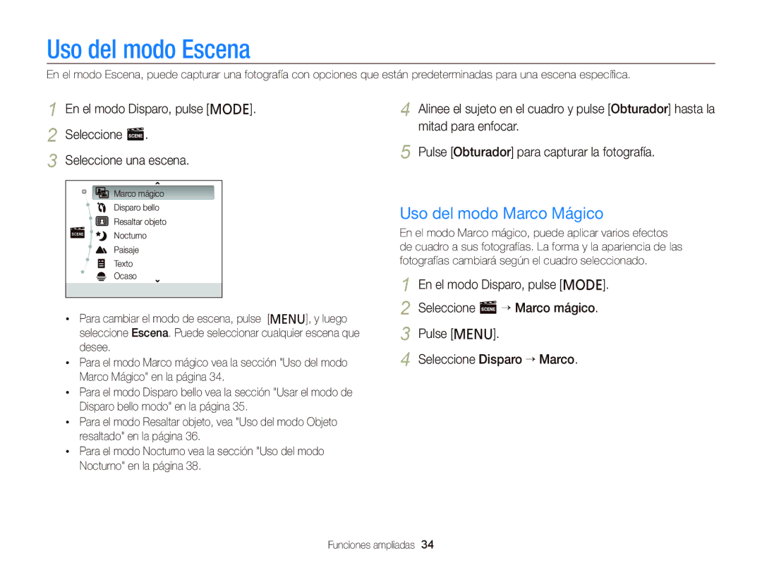 Samsung EC-PL120ZBPPE1, EC-PL210ZBPPE1, EC-PL120ZBPBE1, EC-PL20ZZBPRE1 manual Uso del modo Escena, Uso del modo Marco Mágico 