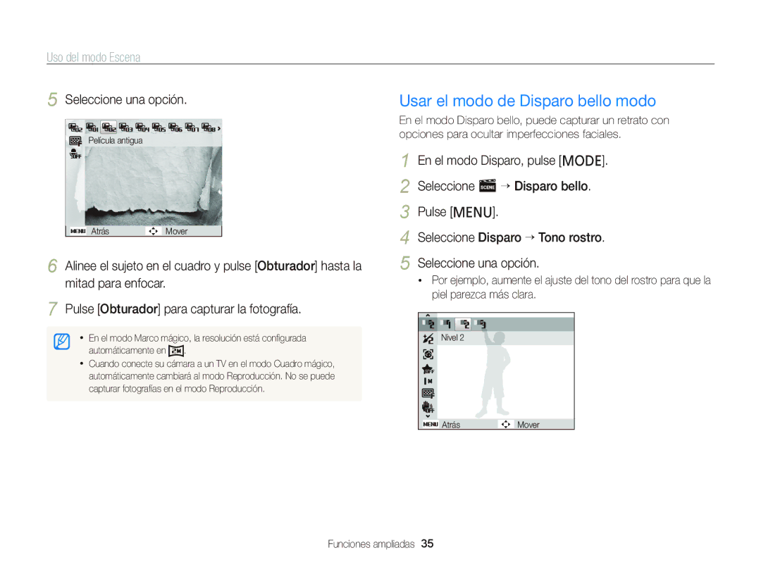 Samsung EC-PL210ZBPBE1, EC-PL210ZBPPE1, EC-PL120ZBPBE1 manual Usar el modo de Disparo bello modo, Uso del modo Escena 