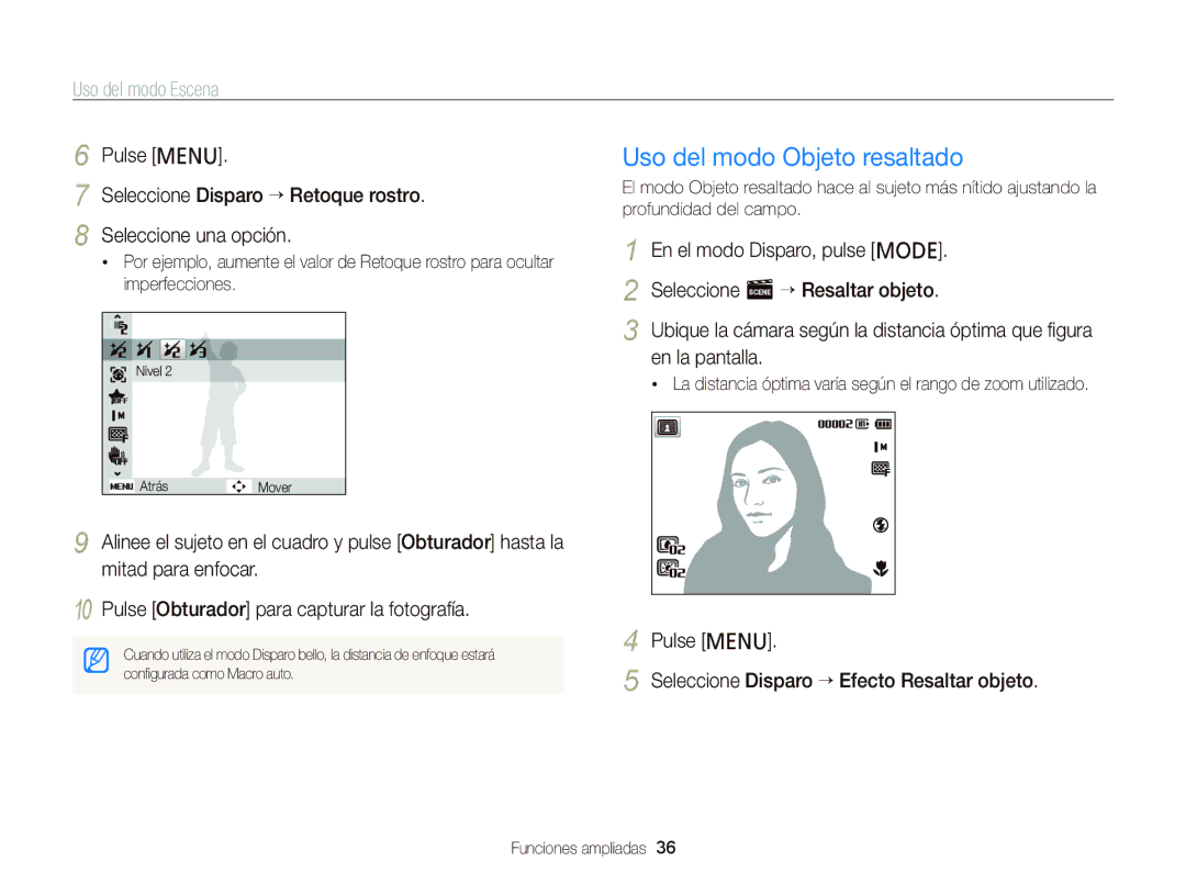 Samsung EC-PL120ZFPLE1, EC-PL210ZBPPE1 Uso del modo Objeto resaltado, Pulse m Seleccione Disparo “ Efecto Resaltar objeto 