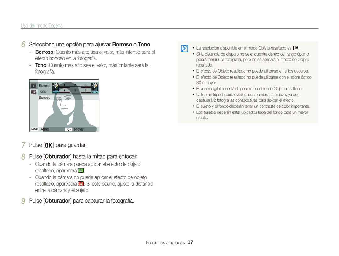 Samsung EC-PL120ZBPSE1, EC-PL210ZBPPE1 manual Seleccione una opción para ajustar Borroso o Tono, Pulse o para guardar 