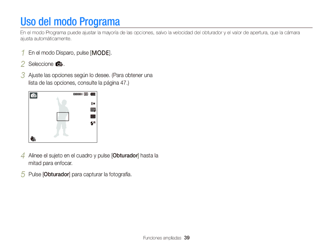 Samsung EC-PL120ZFPSE1, EC-PL210ZBPPE1, EC-PL120ZBPBE1 manual Uso del modo Programa, En el modo Disparo, pulse M Seleccione p 