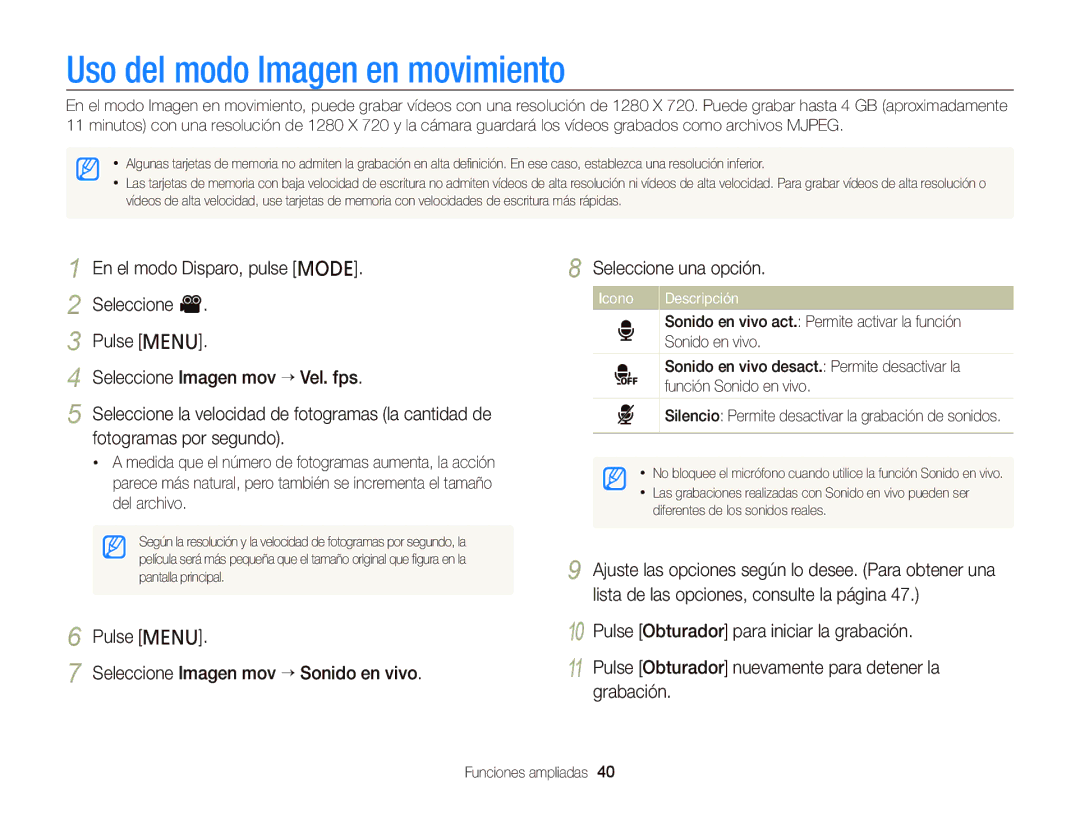 Samsung EC-PL120ZBPLE1, EC-PL210ZBPPE1, EC-PL120ZBPBE1, EC-PL20ZZBPRE1 Uso del modo Imagen en movimiento, Icono Descripción 