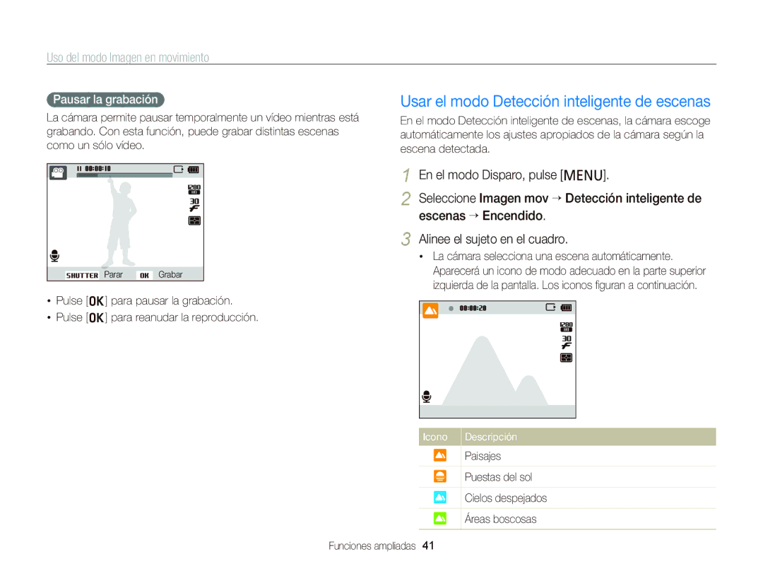 Samsung EC-PL20ZZBPPE1, EC-PL210ZBPPE1 Usar el modo Detección inteligente de escenas, Uso del modo Imagen en movimiento 