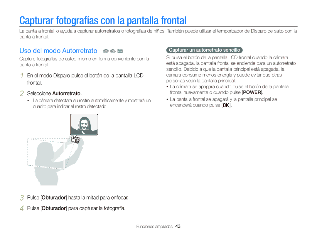 Samsung EC-PL210ZBPSE1, EC-PL210ZBPPE1 manual Capturar fotografías con la pantalla frontal, Uso del modo Autorretrato S p s 