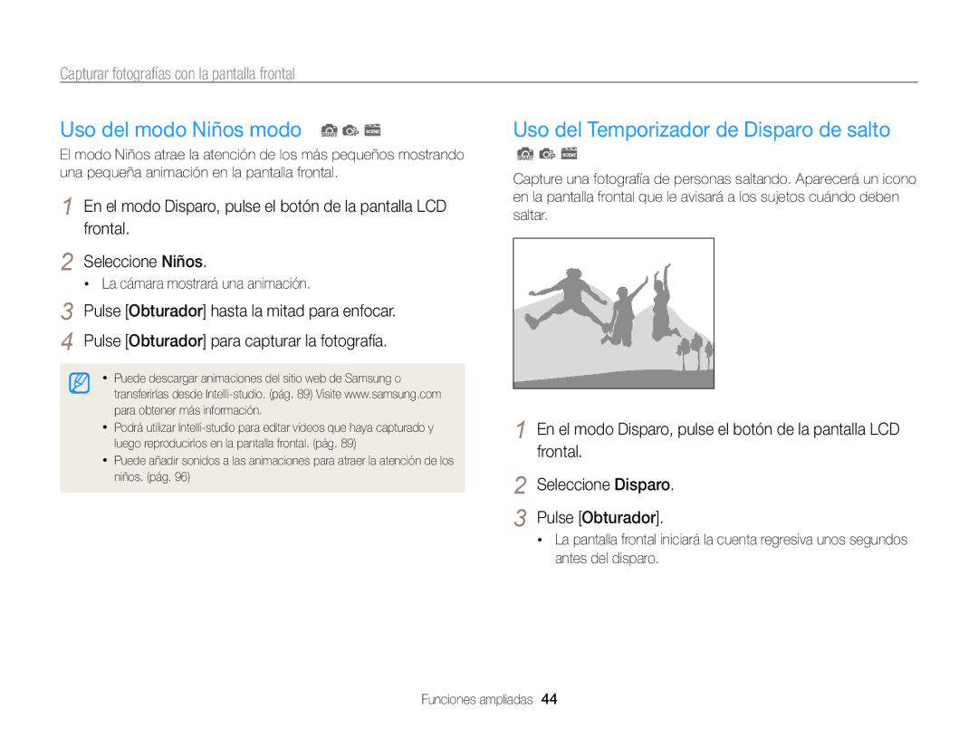 Samsung EC-PL210ZBPPE1, EC-PL120ZBPBE1 manual Uso del modo Niños modo S p s, Uso del Temporizador de Disparo de salto 