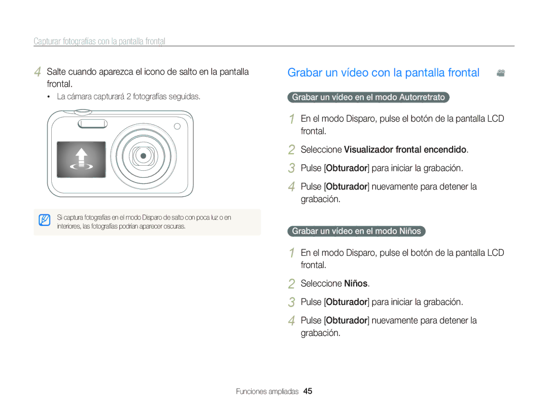 Samsung EC-PL120ZBPBE1 Grabar un vídeo con la pantalla frontal, Salte cuando aparezca el icono de salto en la pantalla 