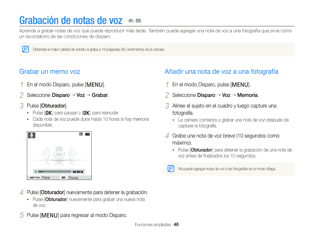 Samsung EC-PL20ZZBPRE1 manual Grabación de notas de voz p s, Grabar un memo voz, Añadir una nota de voz a una fotografía 