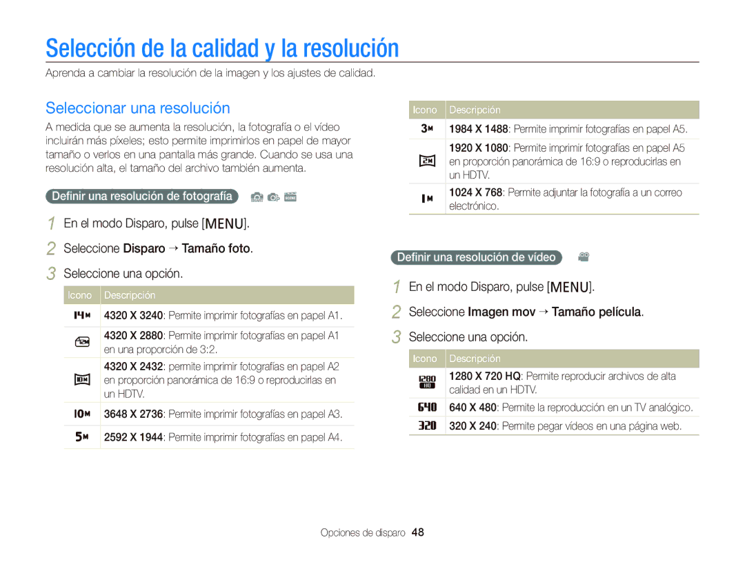 Samsung EC-PL120ZFPBE1 manual Selección de la calidad y la resolución, Seleccionar una resolución, Opciones de disparo 