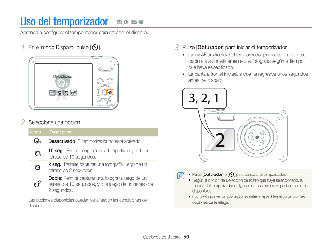 Samsung EC-PL210ZBPBE1, EC-PL210ZBPPE1, EC-PL120ZBPBE1 manual Uso del temporizador S p s, En el modo Disparo, pulse t 