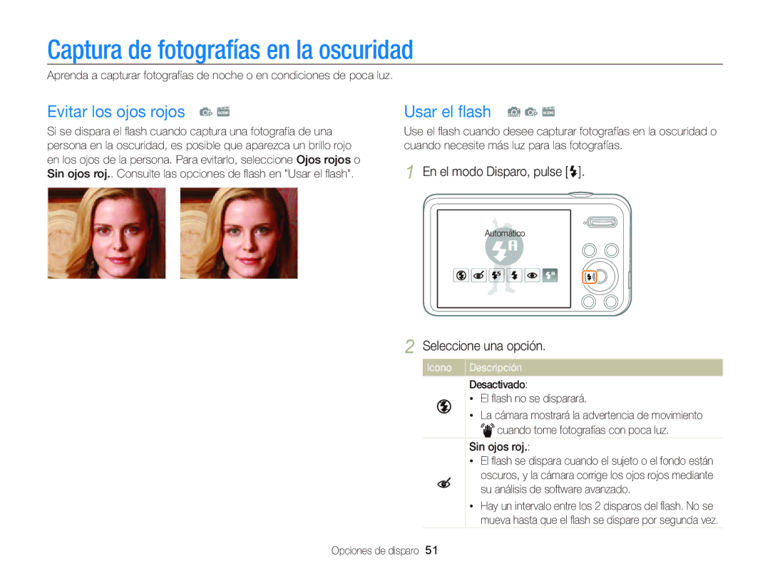 Samsung EC-PL120ZFPLE1 manual Captura de fotografías en la oscuridad, Evitar los ojos rojos p s, Usar el ﬂash S p s 