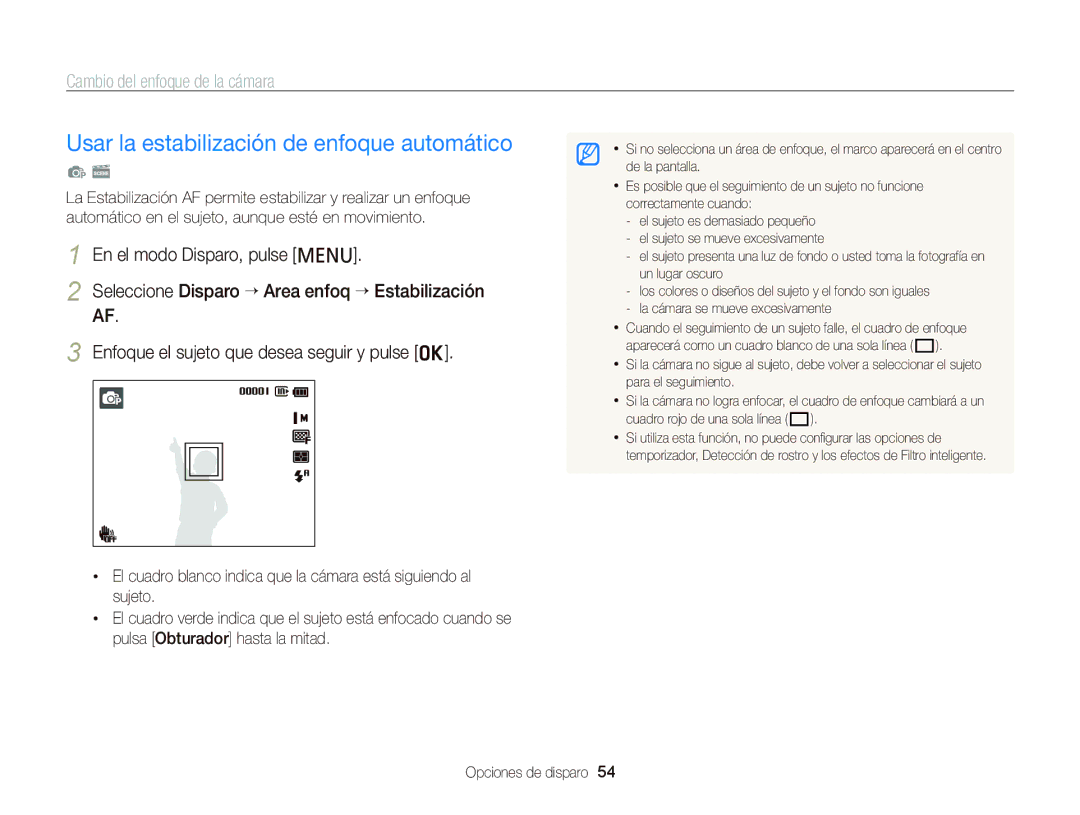 Samsung EC-PL120ZFPSE1, EC-PL210ZBPPE1 manual Usar la estabilización de enfoque automático, Cambio del enfoque de la cámara 