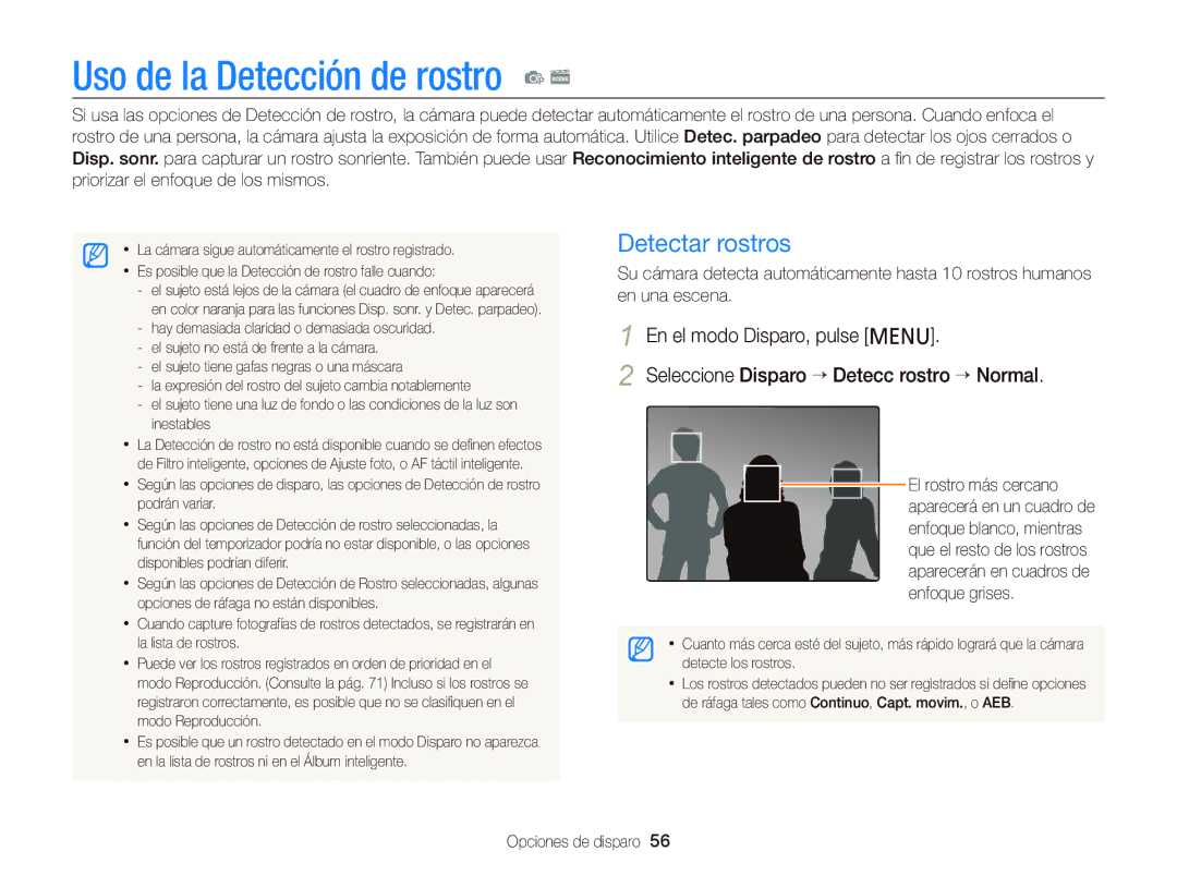 Samsung EC-PL20ZZBPPE1, EC-PL210ZBPPE1, EC-PL120ZBPBE1, EC-PL20ZZBPRE1 Uso de la Detección de rostro p s, Detectar rostros 