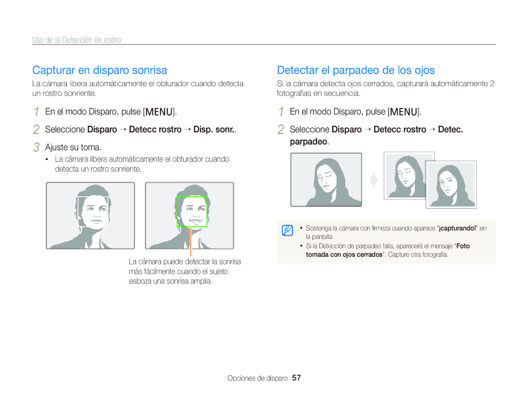 Samsung EC-PL20ZZBPSE1 manual Capturar en disparo sonrisa, Detectar el parpadeo de los ojos, Uso de la Detección de rostro 