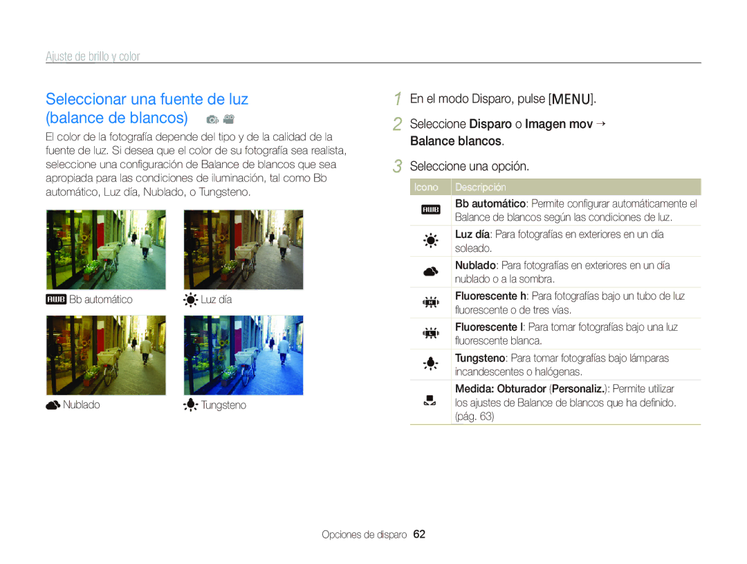 Samsung EC-PL120ZFPPE1, EC-PL210ZBPPE1, EC-PL120ZBPBE1, EC-PL20ZZBPRE1 Seleccionar una fuente de luz balance de blancos p 