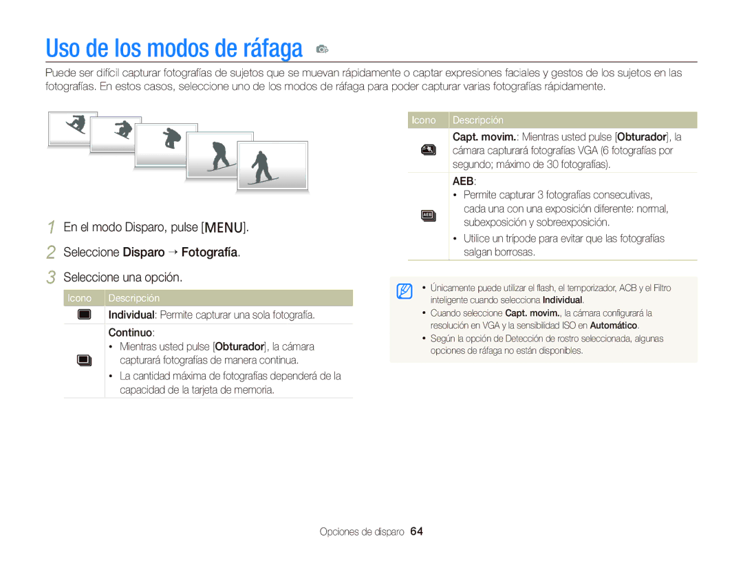 Samsung EC-PL120ZBPPE1, EC-PL210ZBPPE1, EC-PL120ZBPBE1, EC-PL20ZZBPRE1, EC-PL120ZFPPE1 manual Uso de los modos de ráfaga p 