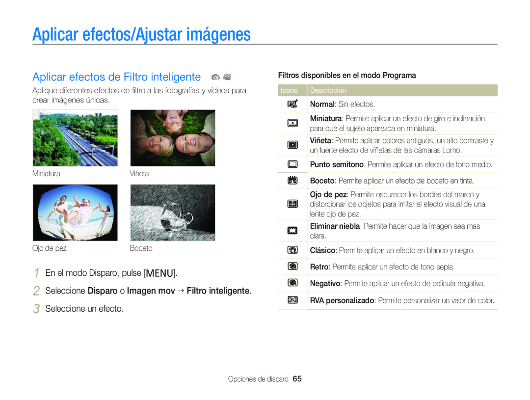 Samsung EC-PL210ZBPBE1, EC-PL210ZBPPE1 manual Aplicar efectos/Ajustar imágenes, Aplicar efectos de Filtro inteligente p 